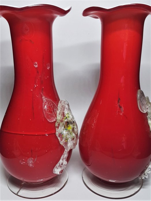 早期日據昭和年代手拉吹製老琉璃玻璃紅色牡丹花瓶一對(有損) 花器