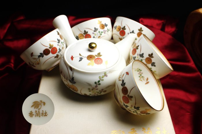 桑園の】皇室精品日本香蘭社高級茶器萬菊燙金側把壺超美品釉水極潤一壺