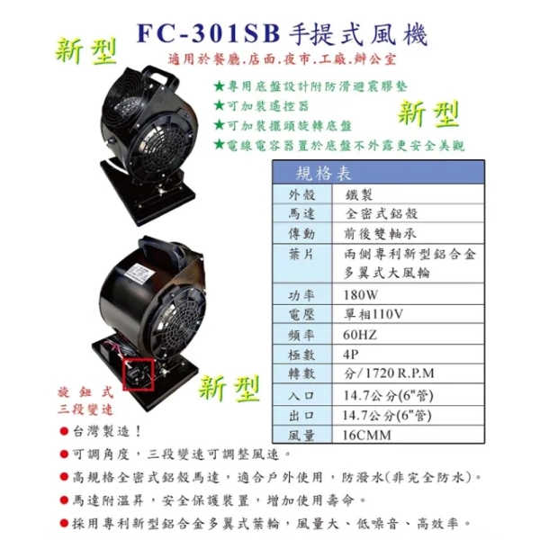 風錡FC-301SB 手提式送風機夜市攤販地下室排風扇通風抽風機排氣鼓風機
