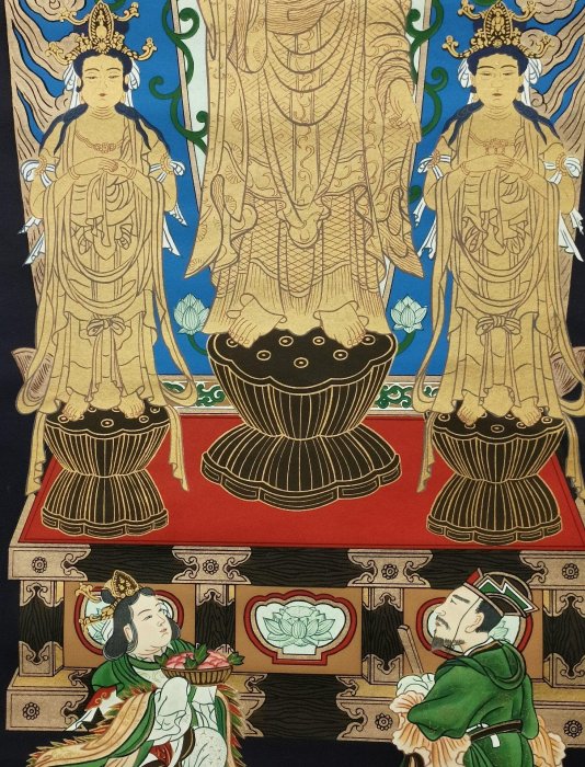 嚴選日本回流古佛畫書畫掛軸，阿彌陀三尊慈父觀音大勢至左右脅侍，金邊