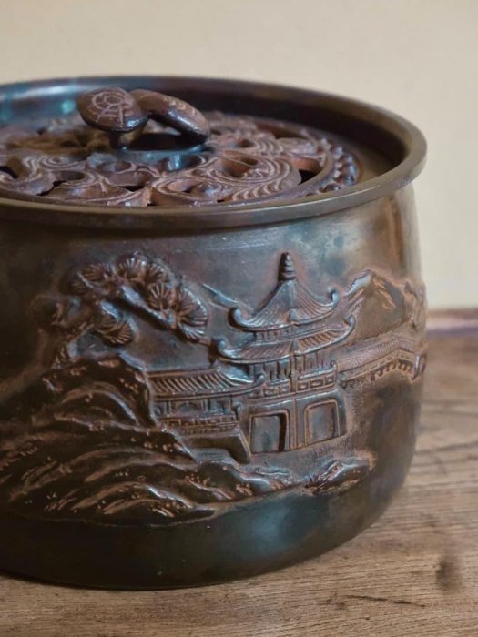 樓閣山水紋靈芝摘蓋建水銅製茶道具佐渡銅器重量1900gQ2331 | Yahoo拍賣