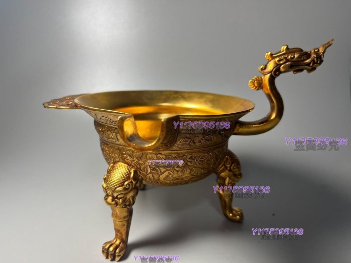古玩大唐貞觀酒器唐代酒杯三足龍首鎏金杯金器收藏雜項銅鎏金擺件收藏老