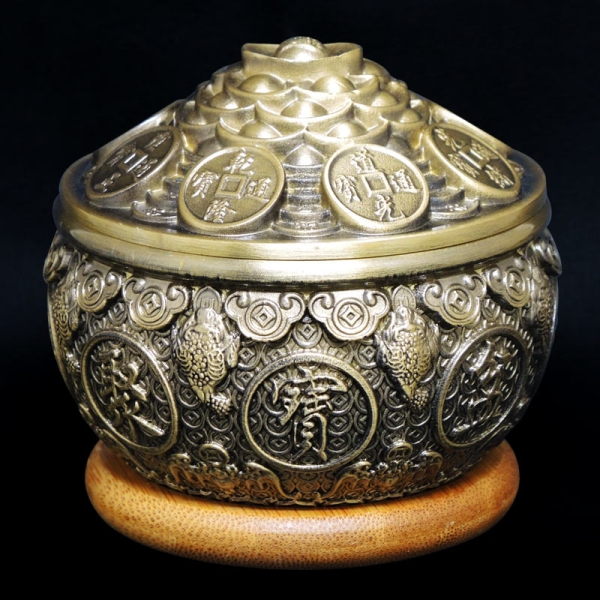吉祥開運坊】聚財【精緻浮雕厚銅製聚寶盆小尺寸古銅色附五色石