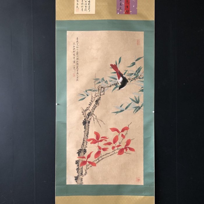 中國  手書花鳥 02【趙佶】花鳥，四尺手繪帶書信作品，雕花軸頭裝裱好尺寸229*82cm左右