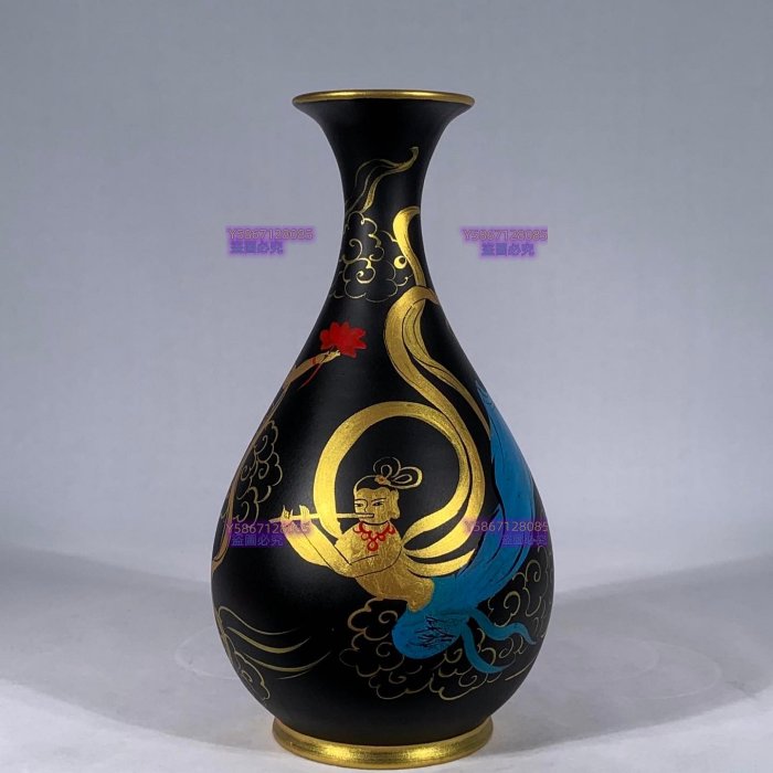 宋汝窯大漆彩繪飛天仕女螺鈿玉壺春瓶（有補圖）高28直徑14cm，8001493