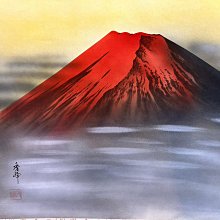 藏舊尋寶屋】老日本秀峰作落款「赤富士圖」畫軸/掛軸《絹本·手繪》 附