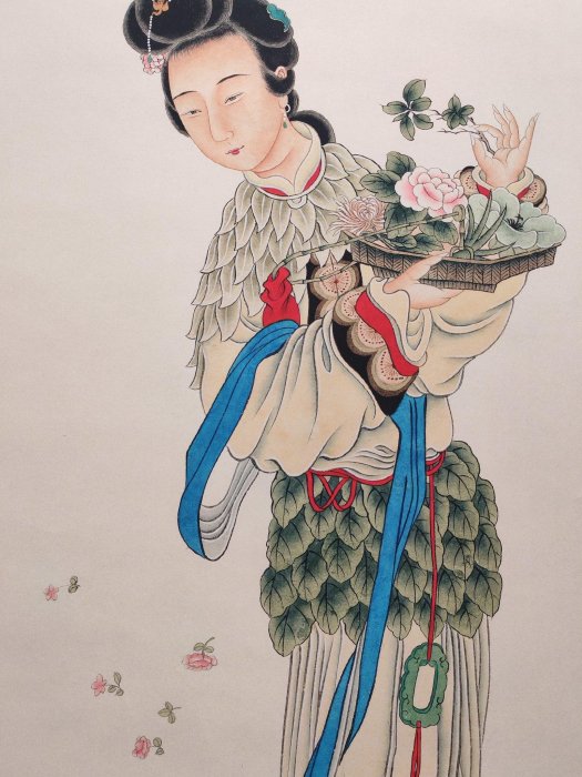 編號AQL167大四尺中堂，作舊帶證書，帶防偽作品天女圖作者張大千材料