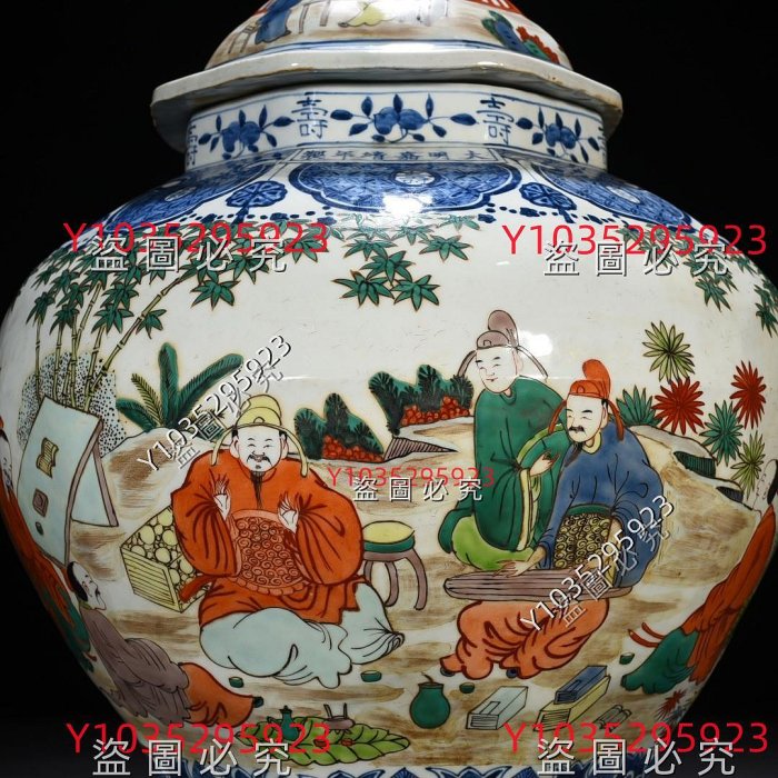 明嘉靖青花五彩高士人物紋八方將軍罐47*35厘米舊藏古董古玩【古齋