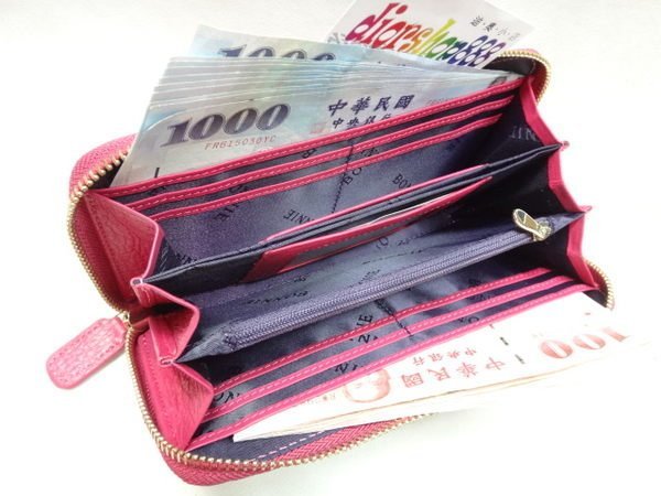 ＊迪奧小店＊BONNIE~點點金~真牛皮拉鍊長夾／牛皮錢包／超多夾層大容量／桃／勁爆特價