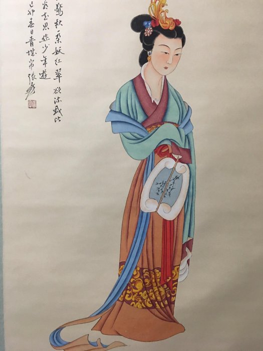 編號TR36四尺中堂畫，張大千的仕女圖，純手工繪畫，實物拍攝一物一圖