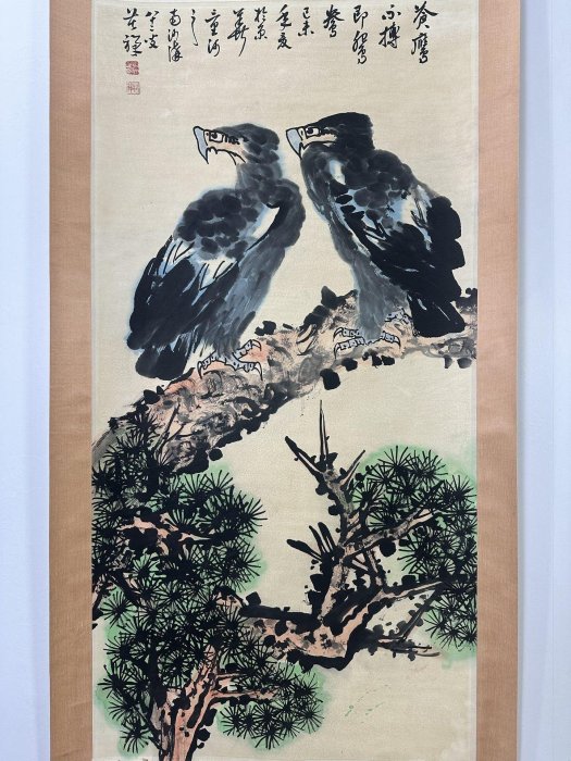 嚴選李苦禪風格字畫－雙鷹圖四尺中堂純手繪，典藏版限量藝術品130x65cm
