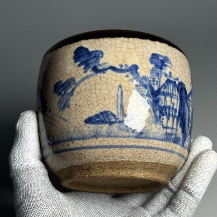 高橋 道八造染付 楼閣山水 花入 飾壺 藤井錦彩作】染付山水画飾り特大八角 沈香壺（じんこうつぼ）/ 特大