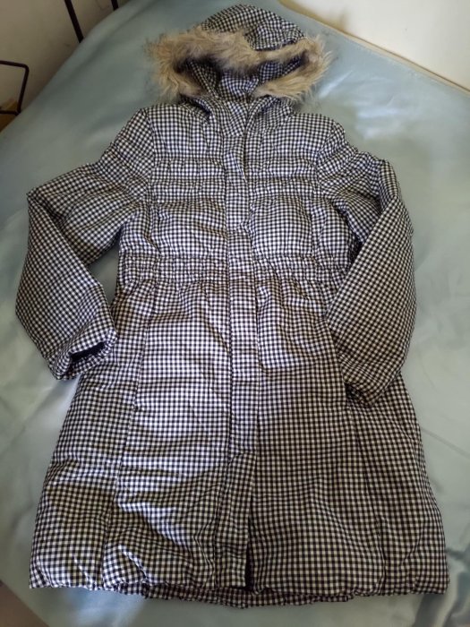 [99go] 出清品不議價 日本櫃 UNIQLO 黑色格紋 造型 中長版 連帽 羽絨 外套 140號 非輕羽絨