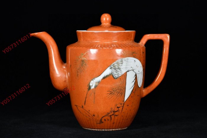 珍品旧蔵* 清 光緒年餘元昌造 礬紅釉 描金松鶴