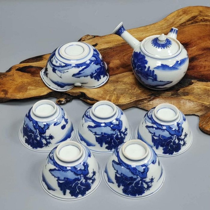 兩隻平安時代青花山水橫手急須茶具組含公道杯及茶杯磕碰修復包郵1100