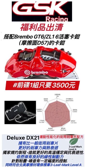 搭配Brembo GT6/ZL1 6活塞卡鉗(摩擦面D57) GSK K2道路性能版來令片 8800002.1/127F