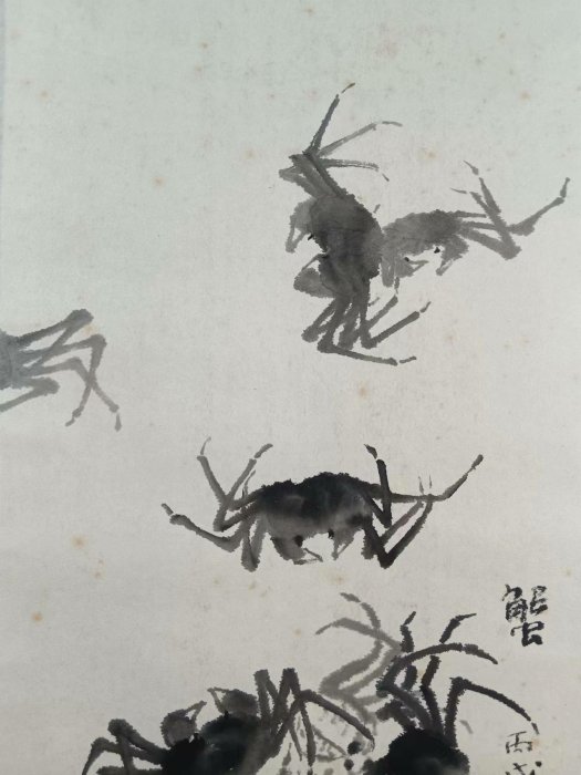 日本茶室掛畫《蟹》紙本卷軸掛畫掛軸面備注：年久難免有磨損和折痕黃斑
