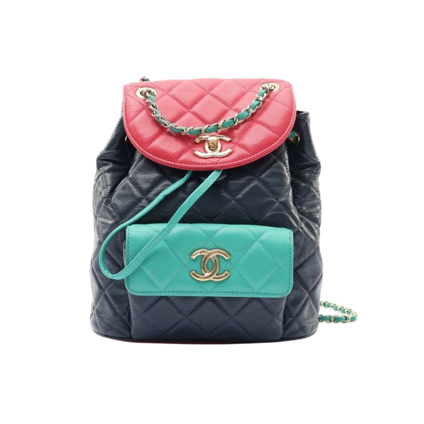 CHANEL 香奈兒 Duma Drawstring 後背包 藍/粉/綠色 荔枝紋牛皮 金扣 無卡 【二手名牌BRAND OFF】