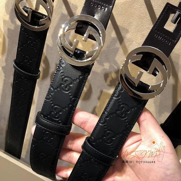 二手GUCCI Signature 黑色 壓紋 銀釦 皮帶/腰帶/ 411924