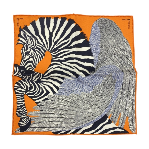 HERMES 愛馬仕橘色絲綢Carre nano Zebra pegasus 絲巾【二手名牌BRAND