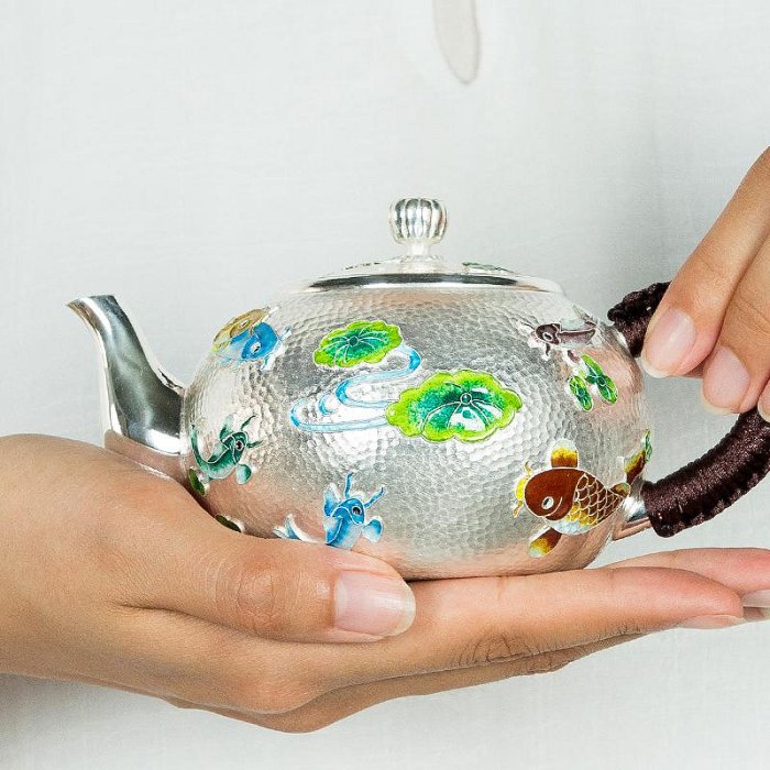 銀壺純銀999泡茶壺掐絲琺瑯彩景泰藍家用銀茶具純手工茶壺燒水壺