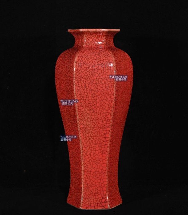 宋红釉東京官窑宋徽宗御贡款刻字描金六方梅瓶，高23.5×11厘米180525 鈞