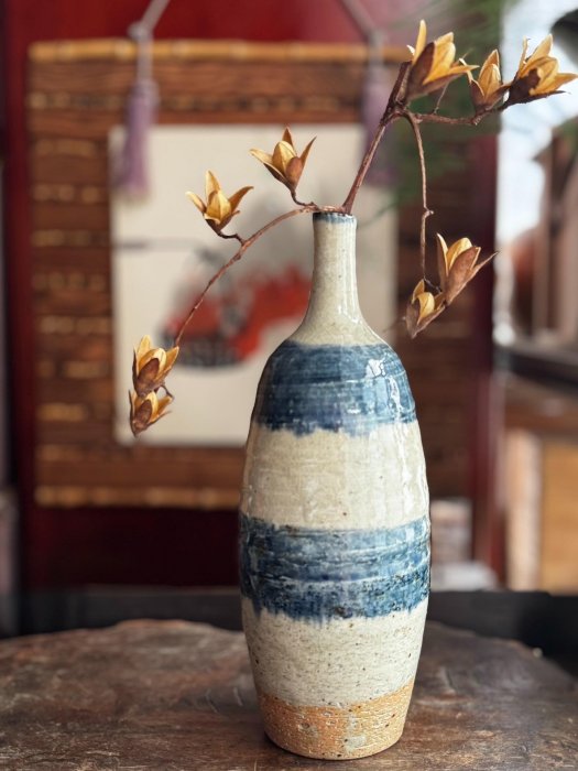 瀨戶青花大師加藤舜陶早期花瓶，細口DESIGN 精華透鐵銹斑青花瓷元箱