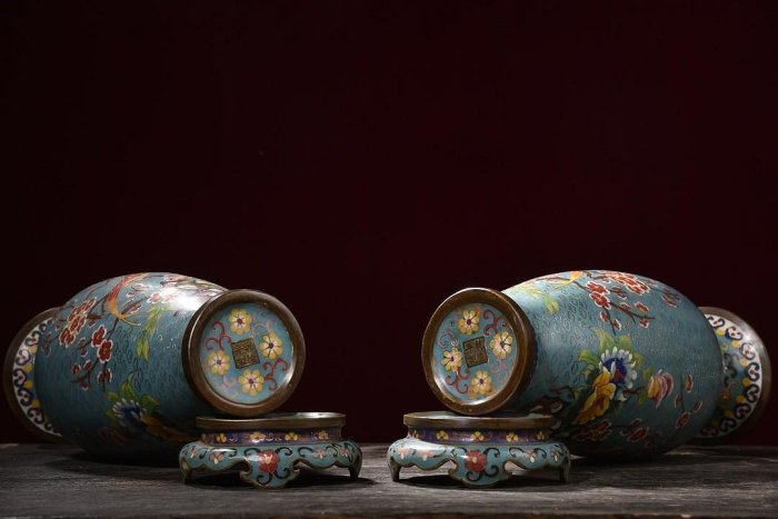 景泰藍喜鵲登梅花瓶【帶底座】高38cm 口徑11cm總重6835克舊藏收藏古玩