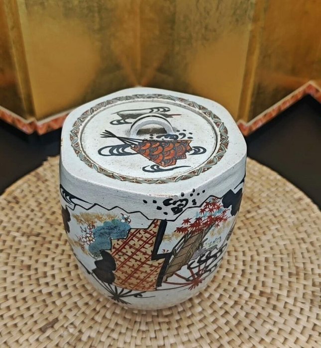 嚴選日本京燒寶壽六角水指，巨匠野野村仁清造手繪扇面紋中古寶壽紋六 