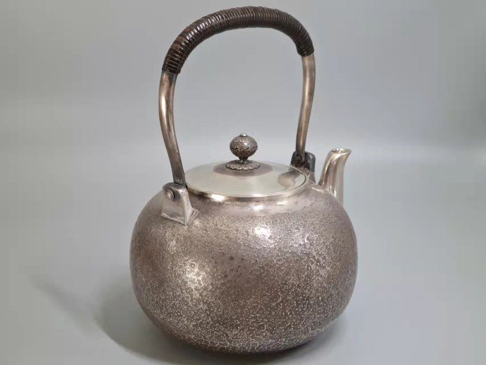 EX171 時代金工 銀製 籐編手 棗形湯沸 高17.2cm 重435g 木