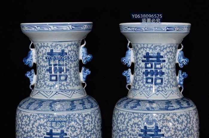 清代青花雙喜雙耳瓶（59.5×24.5cm）500898 青花五彩粉彩二手【古雲
