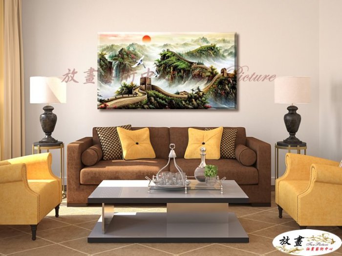 放畫藝術】萬里長城GW28 純手繪油畫橫幅褐綠中性色系背靠山風水招財