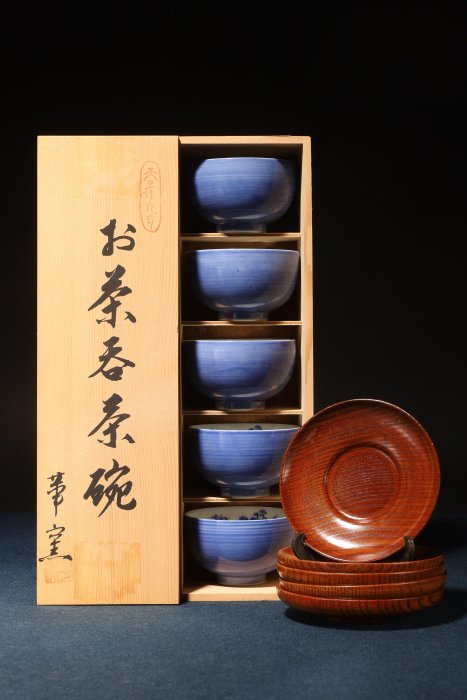 3/3結標日本手造青花染付山水圖煎茶杯組附木茶托共箱BEB0517 -茶道具侘
