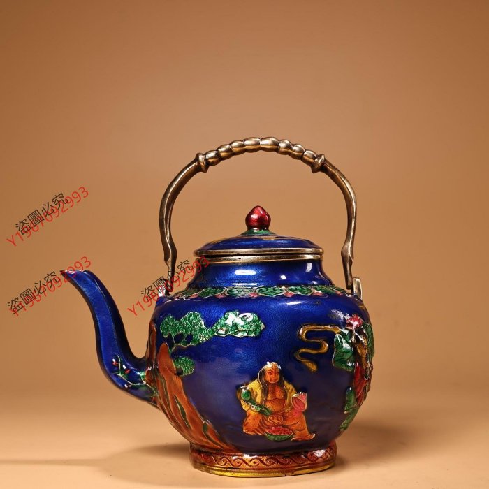復古純銅景泰藍琺瑯彩繪和合二仙茶壺工藝精湛器型款式精美重690