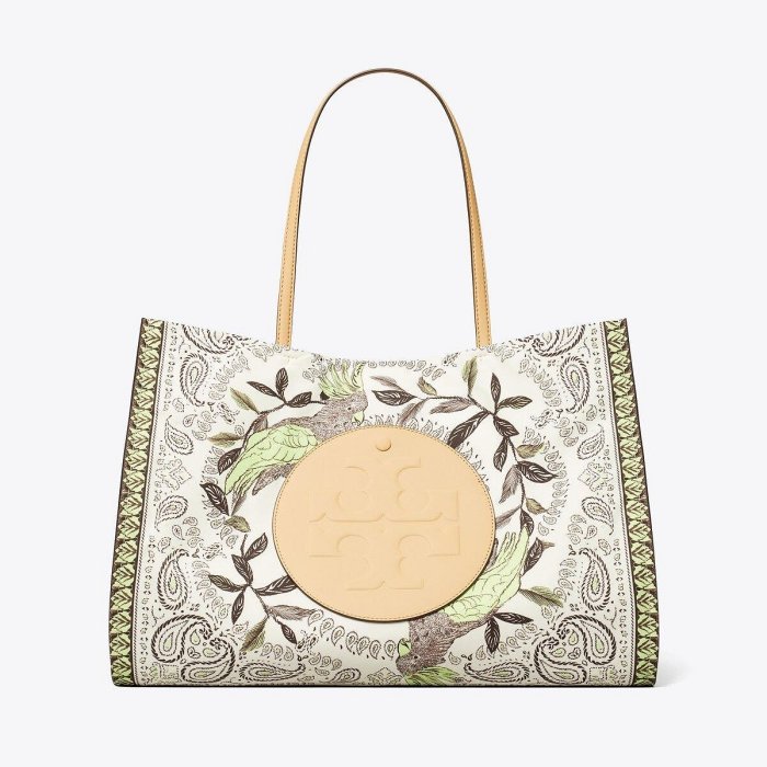 【TORY BURCH】專櫃經典款  Ella 中款復古花卉圖騰帆布手提包/托特包