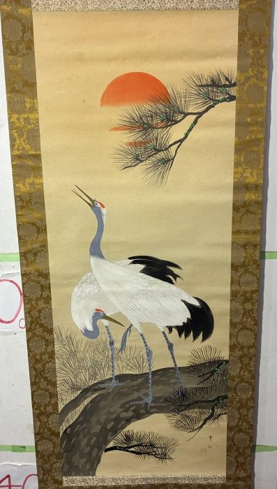 掛轴 絹本 手繪 中國畫A5186 藏舊尋寶屋】老日本畫家作落款「雙鶴圖」水墨畫掛軸/畫軸《絹本·手繪