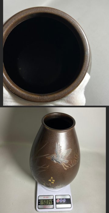 古玩輕鬆拍】日本高岡銅器名金工匠高野紫山作銅製象嵌銀鶴草金花花鳥彫