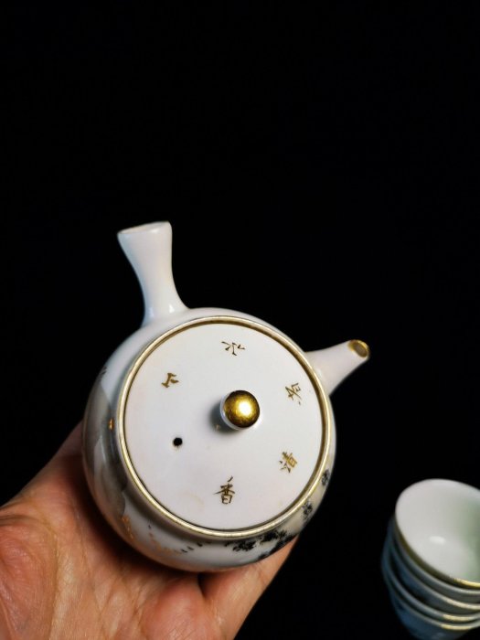 明治時代老急須茶具套組，橫手工藝墨彩繪瓷壸與杯遠景山水圖茶道具推薦