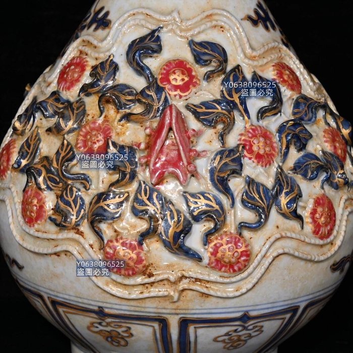 代白滸孤窯青花釉裡紅描金雕刻捏花玉壺春瓶（35×21cm）5001419 青花