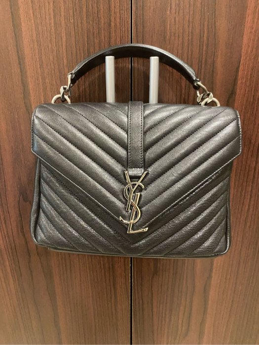 YSL Saint Laurent 黑色山形紋復古銀鏈中款 學院包