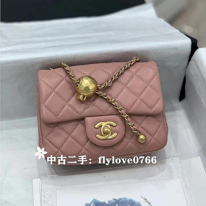 中古二手CHANEL 香奈兒 粉色羊皮金球款方胖子鏈條包/肩背包/斜跨包 18cm