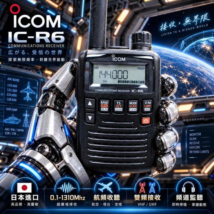 ICOM】IC-R6 無線電手持式全頻接收機◉公司貨◉日本進口◉0.1-1310Mhz