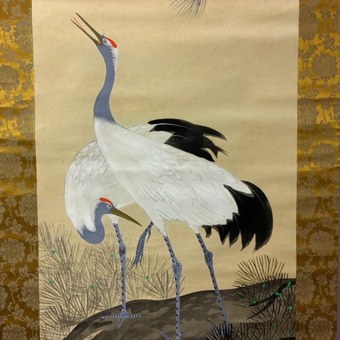 藏舊尋寶屋】老日本畫家作落款「雙鶴圖」水墨畫掛軸/畫軸《絹本·手繪
