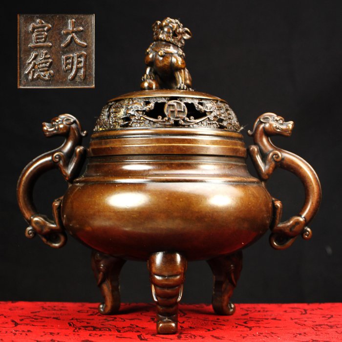 桑園の】大型鑄銅香爐螭龍耳象足獅子摘薰香爐古典完美品底款