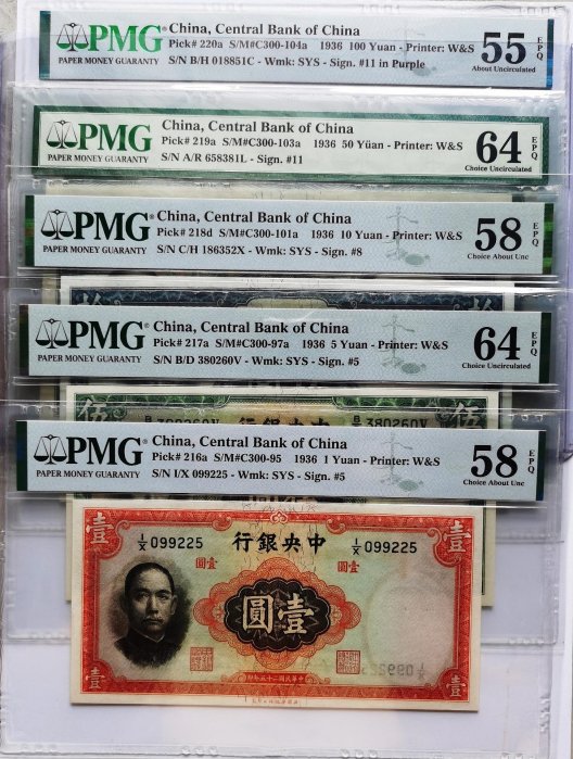 嚴選民國25年華德路版紙幣全套，壹圓、伍圓、拾圓、伍拾圓、壹佰圓 民國紙幣 美品 錢幣收藏