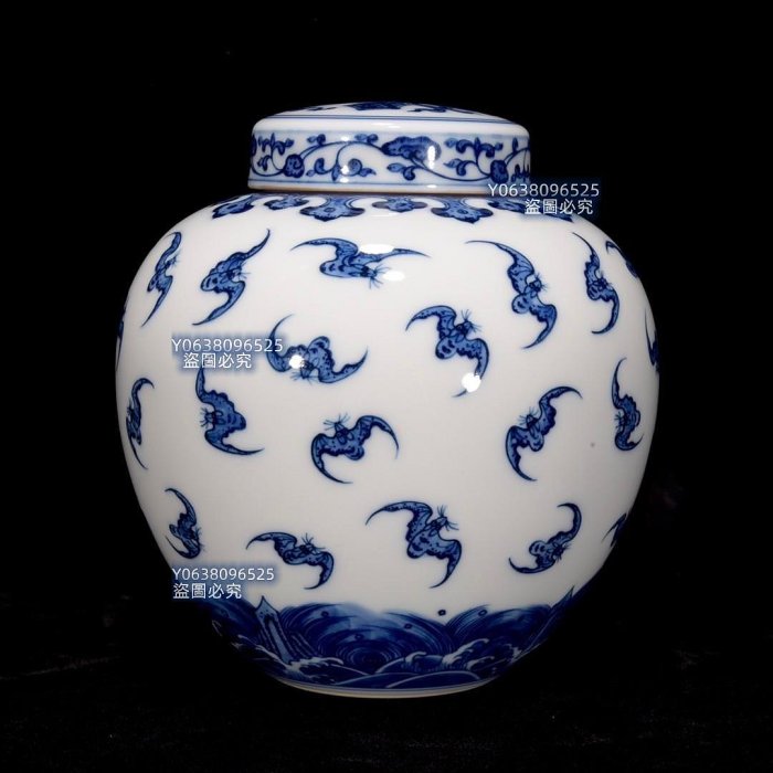 清乾隆青花蝙蝠纹罐12×12，9001047 青花琺瑯彩五彩二手【古雲