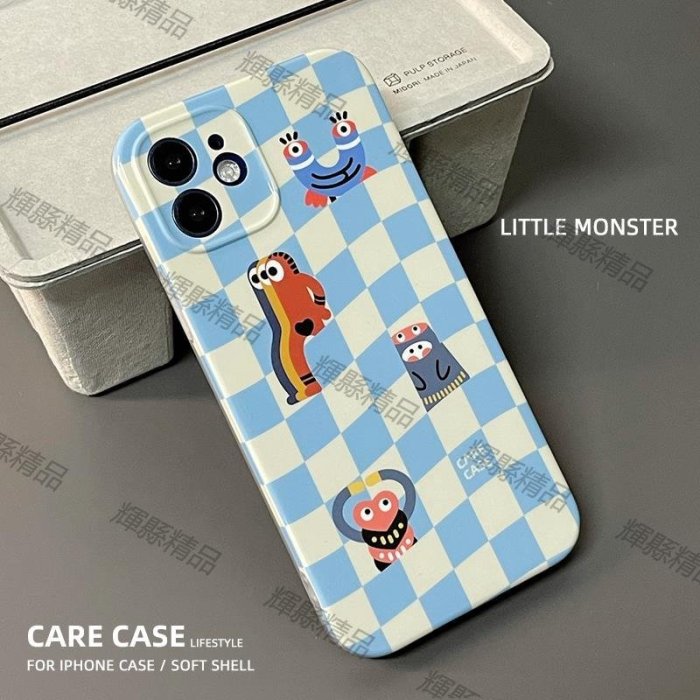 現貨 CARECASE 藍米格紋小怪獸適用蘋果12手機殼iphone11pro xs max xr散熱殼-可開發票