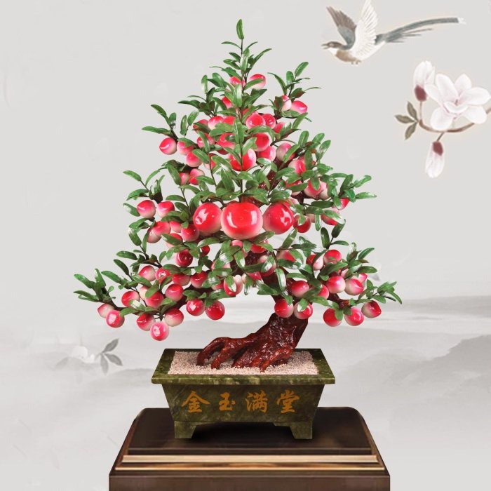 中国美術 天然石 玉石 桃 盆景 置物 古玩 年代物 爆款特賣】天然玉器盆景大型88桃樹玉石壽桃客廳盆栽蟠桃飾品工藝