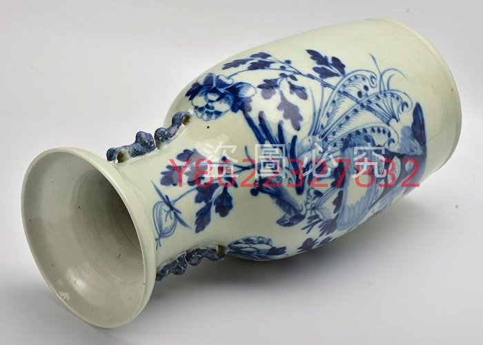 染付大型花瓶 中国清時代 青花喜字文双耳瓶 獅子壽者双耳活環 花入