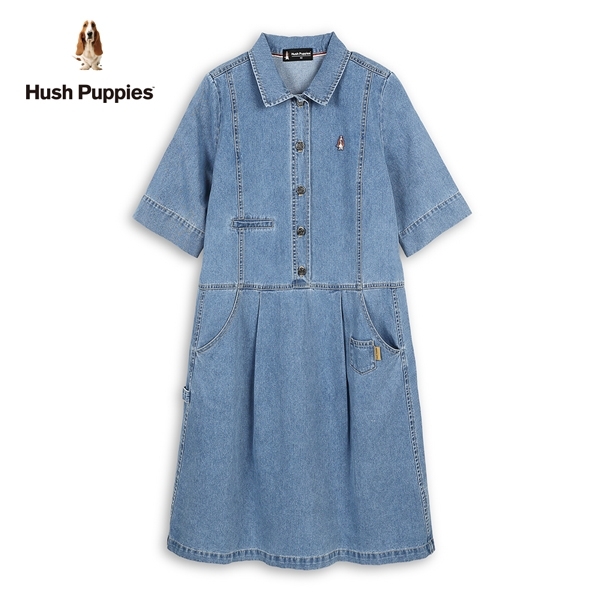 Hush Puppies 洋裝 女裝半開襟刺繡小狗五分袖牛仔洋裝